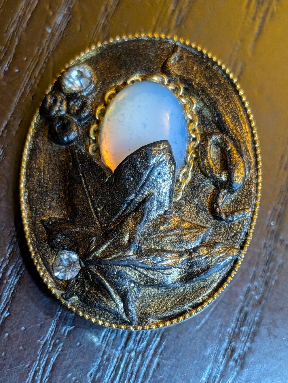 Marena Handarbeit Unsigned Vintage Brooch With Leaf, Snake, Opalescent Moonstone